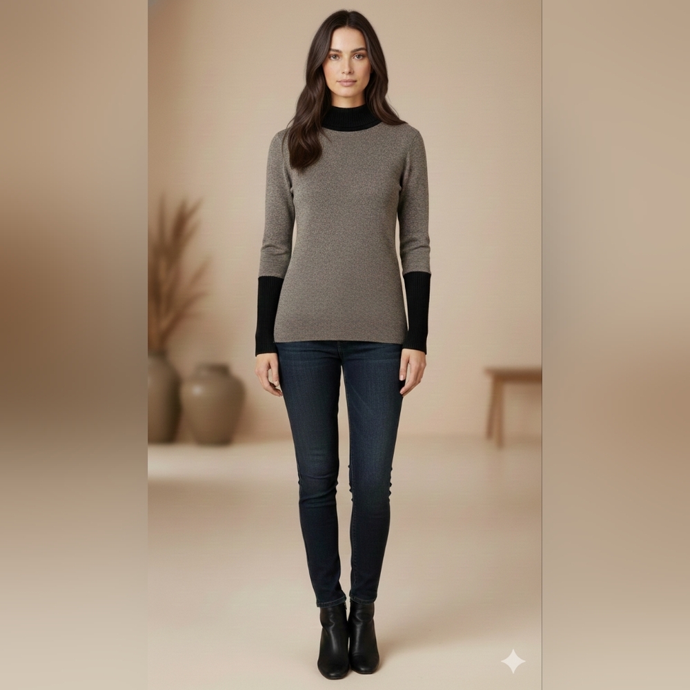 Vintage Jaeger Lambswool Colorblock Turtleneck Sweater Grey Black Quiet Luxury S